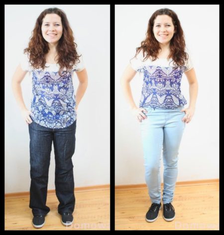 Spodnie za duże dwa rozmiary i wizualnie +5kg :). Po prawej już szczuplej. Odchudzanie w 2 minuty