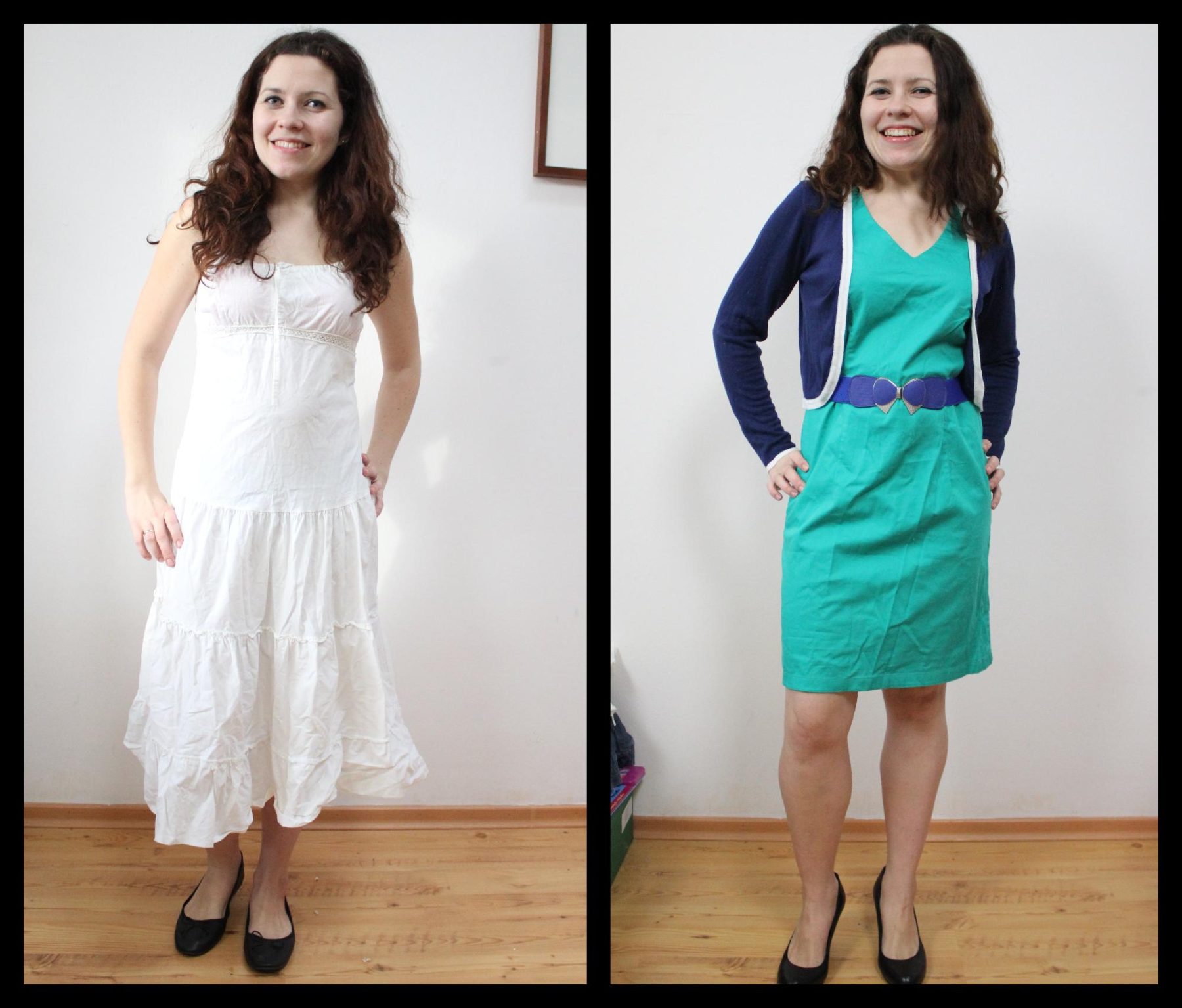 Tutaj przykład. Lubiana sukienka, która ma kiepską dla mnie długość (ta biała), a po prawej krótsza, w której wyglądam szczuplej